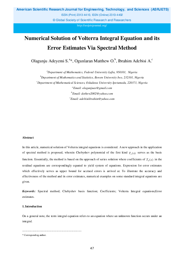 (PDF) Numerical Solution of Volterra Integral Equation and its Error ...