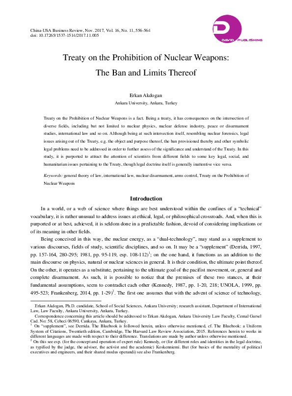 (PDF) Treaty on the Prohibition of Nuclear Weapons: The Ban and Limits ...