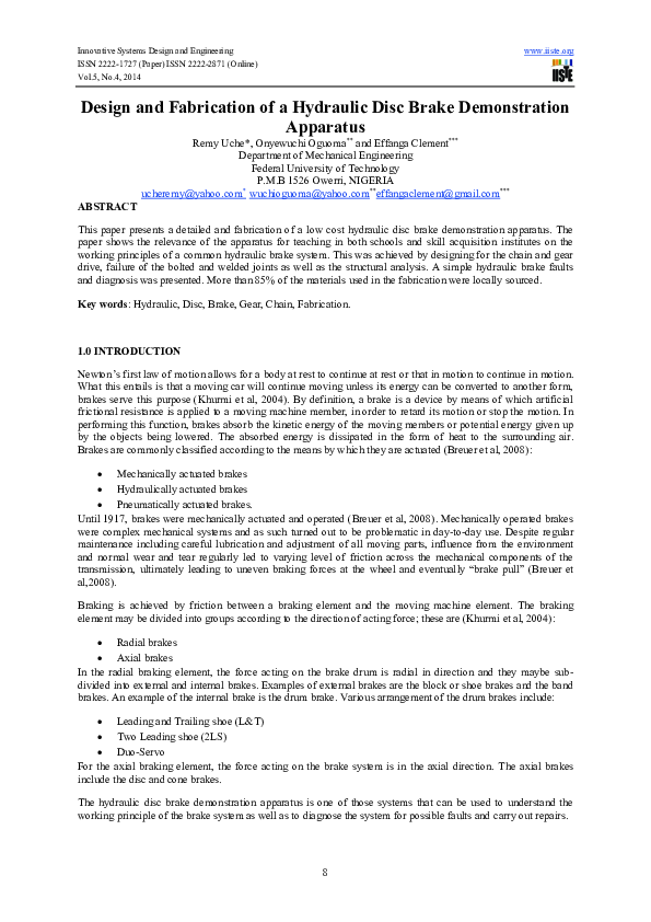 (PDF) Design and Fabrication of a Hydraulic Disc Brake Demonstration