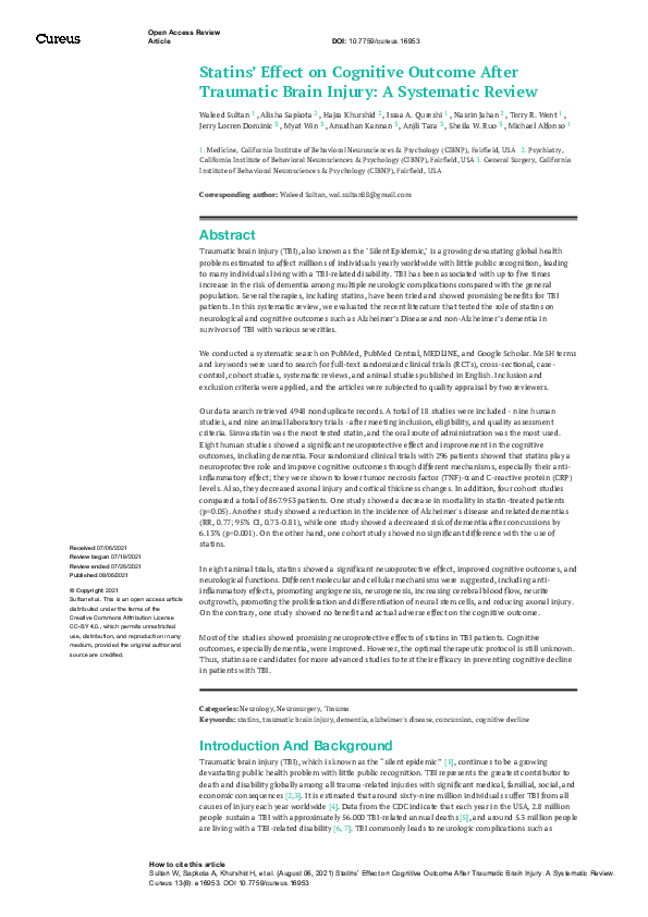 (PDF) Statins’ Effect on Cognitive Outcome After Traumatic Brain Injury
