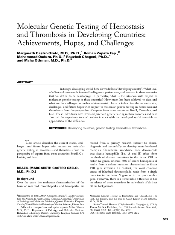 (PDF) Molecular Genetic Testing of Hemostasis and Thrombosis in ...