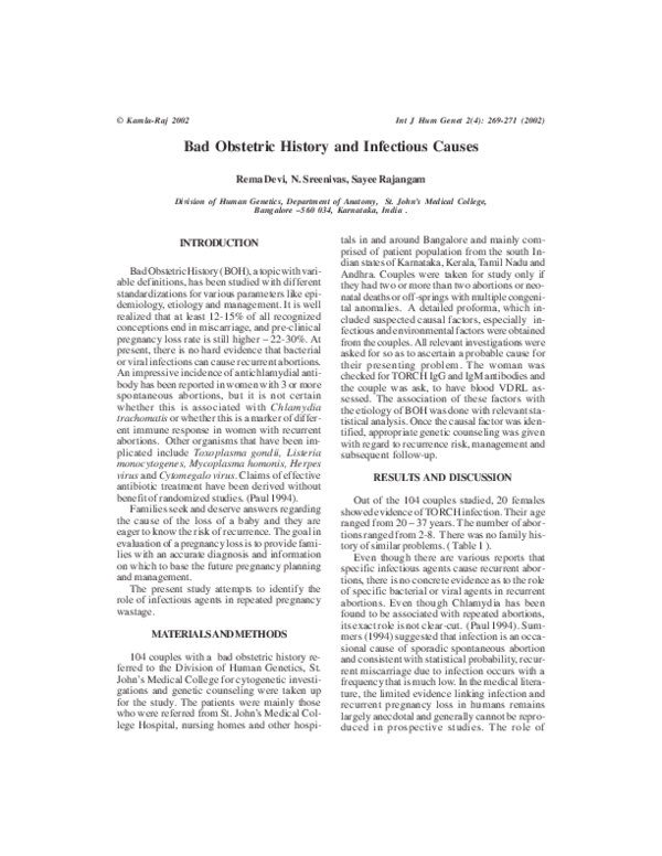 (PDF) Bad Obstetric History and Infectious Causes rema devi