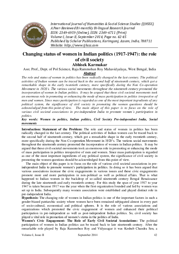 (PDF) Changing status of women in Indian politics (1917-1947): the role ...