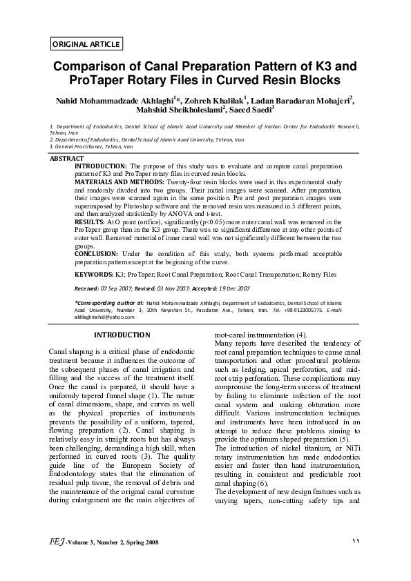 (PDF) IEJVolume 3, Numb Comparison of Canal Preparation Pattern of K3