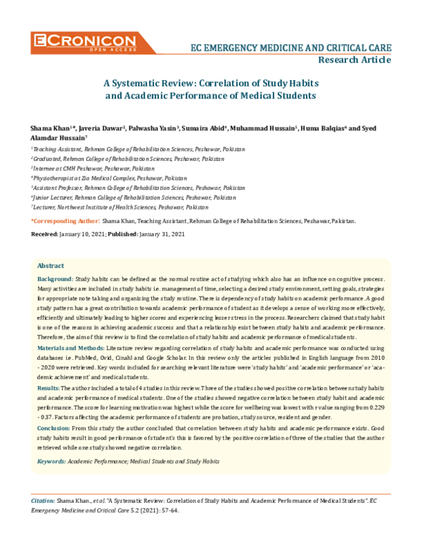 (PDF) A Systematic Review Correlation of Study Habits and Academic