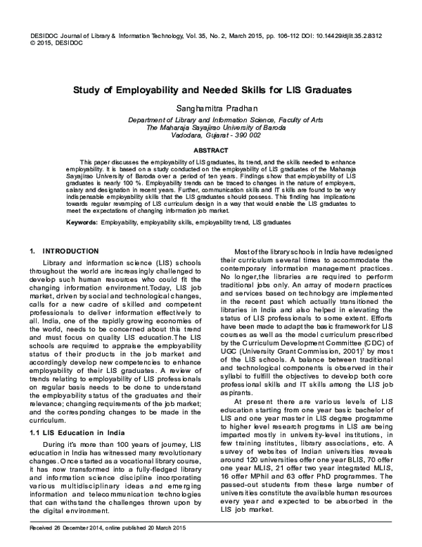 (PDF) Study of Employability and Needed Skills for LIS Graduates