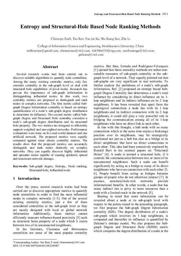 (PDF) Entropy and Structural-Hole Based Node Ranking Methods