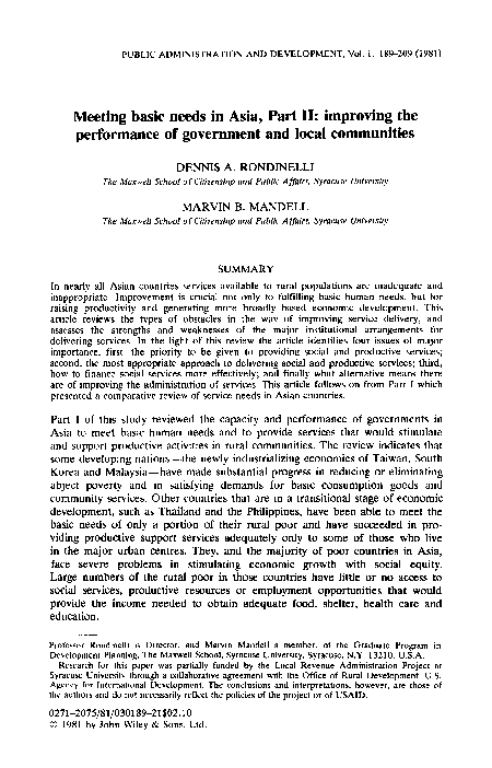 (PDF) Meeting basic needs in Asia, Part II: Improving the performance ...