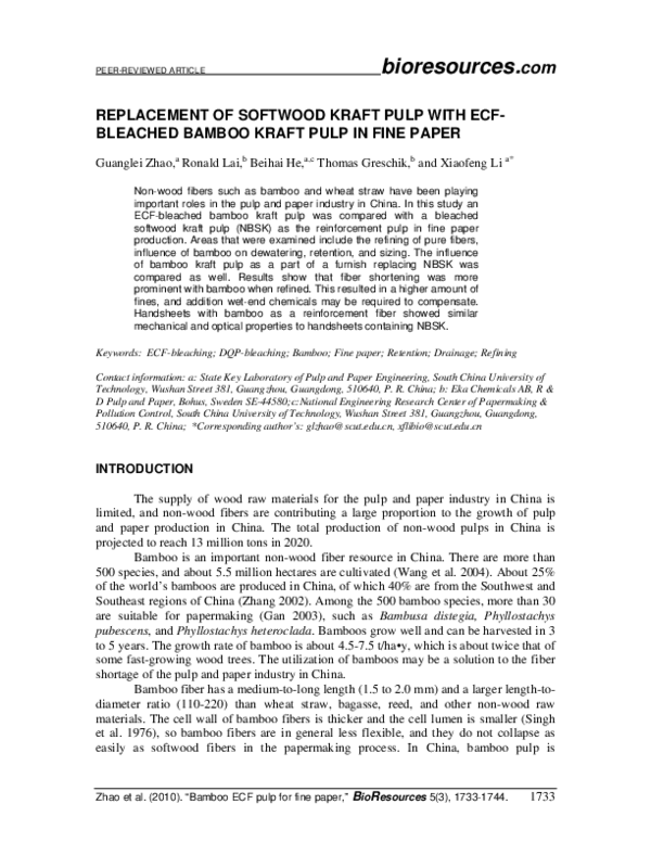 (PDF) Replacement of Softwood Kraft Pulp with Ecf-Bleached Bamboo Kraft ...