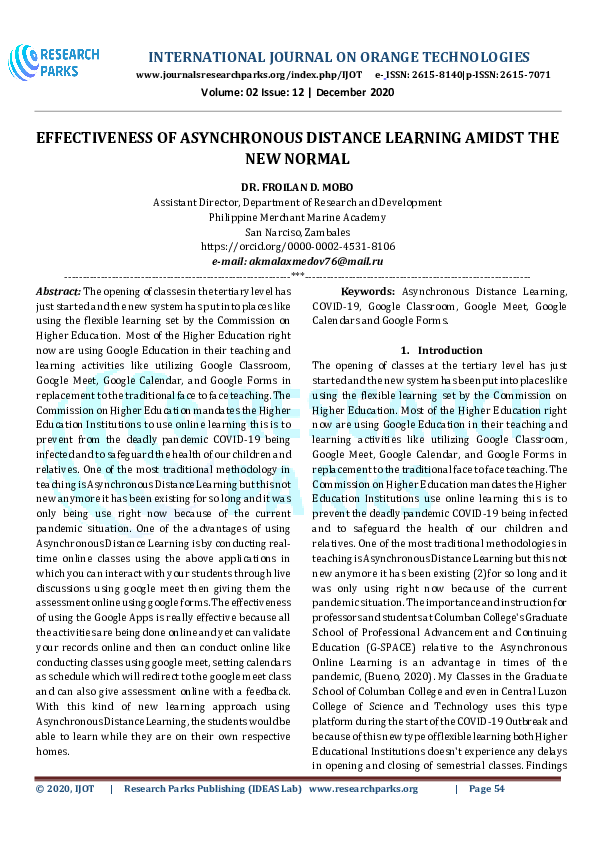 (PDF) Effectiveness Of Asynchronous Distance Learning Amidst The New Normal