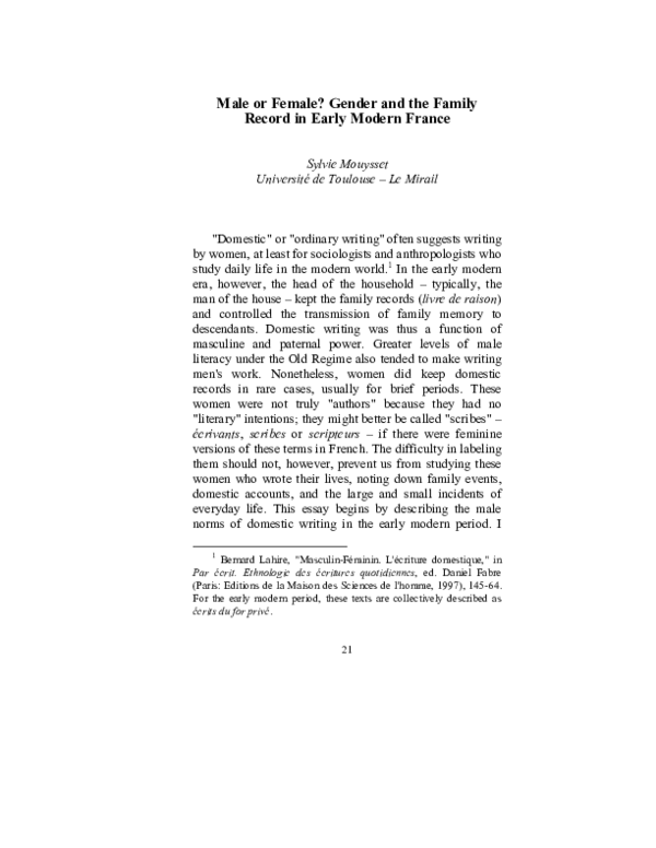 (PDF) Male or Female? Gender and the Family Record in Early Modern France