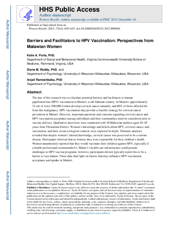 (PDF) Barriers and Facilitators to HPV Vaccination: Perspectives from ...