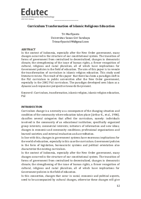 (PDF) Curriculum Tranformation of Islamic Religious Education