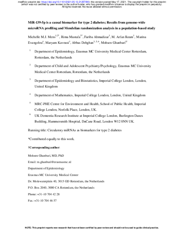 (PDF) MiR-139-5p is a causal biomarker for type 2 diabetes; Results ...