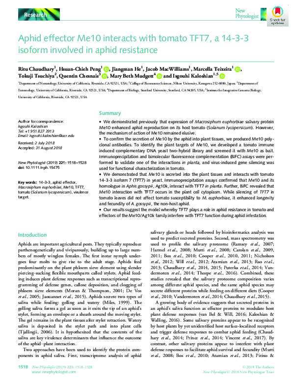 (PDF) Aphid effector Me10 interacts with tomato TFT7, a 14-3-3 isoform ...