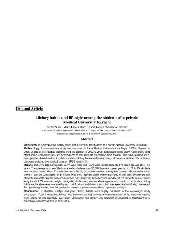 (PDF) Dietary habits and life style among the students of a private ...