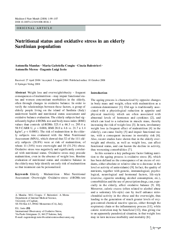 (PDF) Nutritional status and oxidative stress in an elderly Sardinian ...