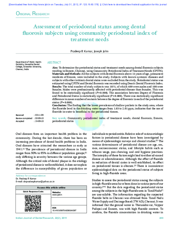 (PDF) Assessment of periodontal status among dental fluorosis subjects ...