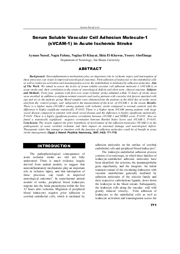(PDF) Serum Soluble Vascular Cell Adhesion Molecule-1 ( sVCAM-1 ) in ...