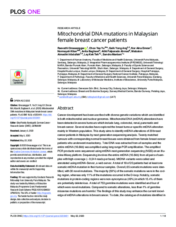 (PDF) Mitochondrial DNA mutations in Malaysian female breast cancer ...