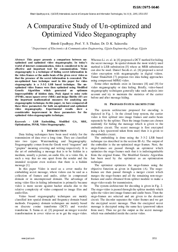 (PDF) A Comparative Study of Un-optimized and Optimized Video Steganography