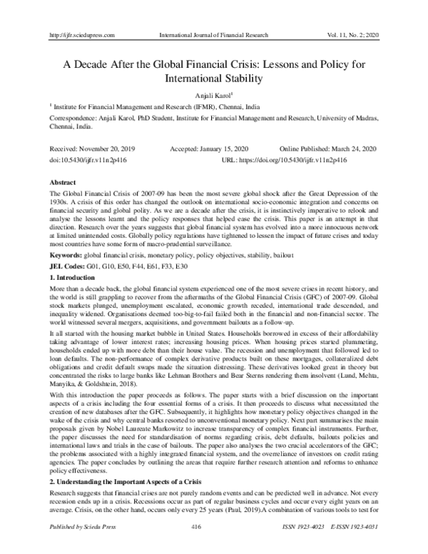 (PDF) A Decade After the Global Financial Crisis: Lessons and Policy ...