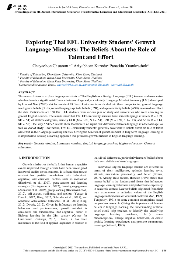 (PDF) Exploring Thai EFL University Students’ Growth Language Mindsets ...