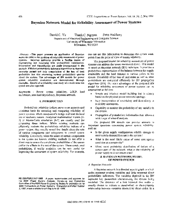 (PDF) Bayesian network model for reliability assessment of power systems
