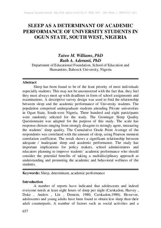 (PDF) Sleep as a Determinant of Academic Performance of University ...