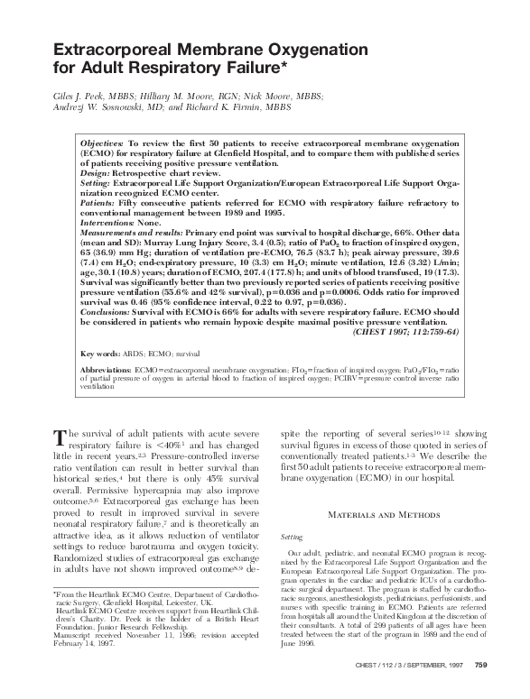 (PDF) Extracorporeal membrane oxygenation for adult respiratory failure