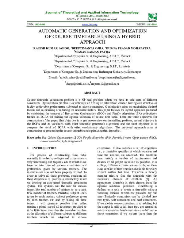 (PDF) Automatic Generation and Optimization of Course Timetable Using a ...