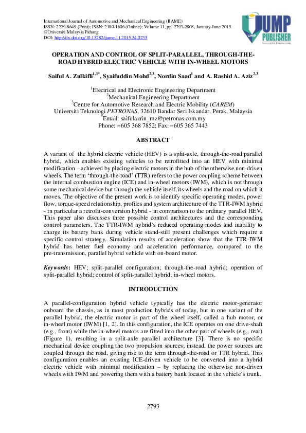 (PDF) Operation and Control of Split-Parallel, Through-The- Road Hybrid ...