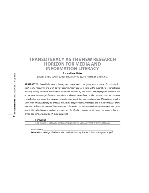 (PDF) Transliteracy as the New Research Horizon for Media and ...