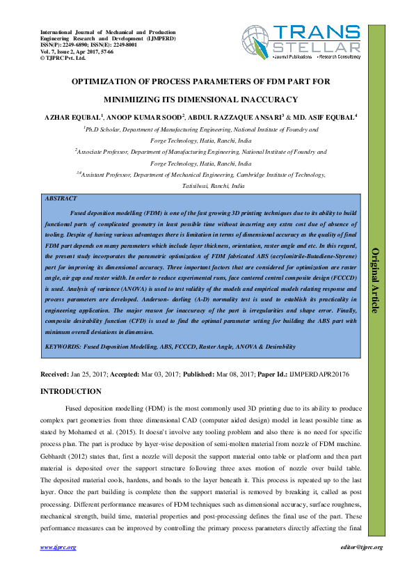 (PDF) Optimization of Process Parameters of FDM Part for Minimiizing ...