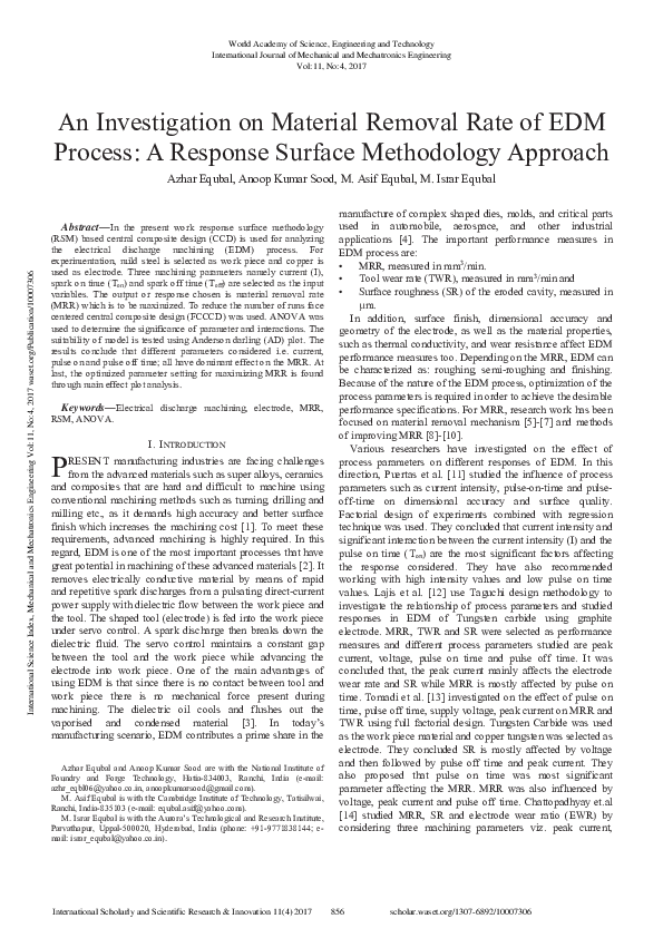 (PDF) An Investigation On Material Removal Rate Of Edm Process: A ...