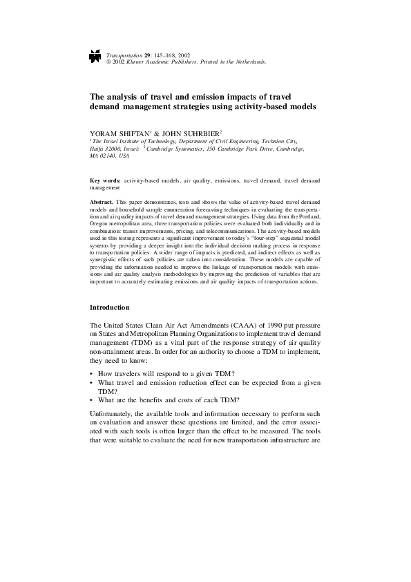 (PDF) The analysis of travel and emission impacts of travel demand ...