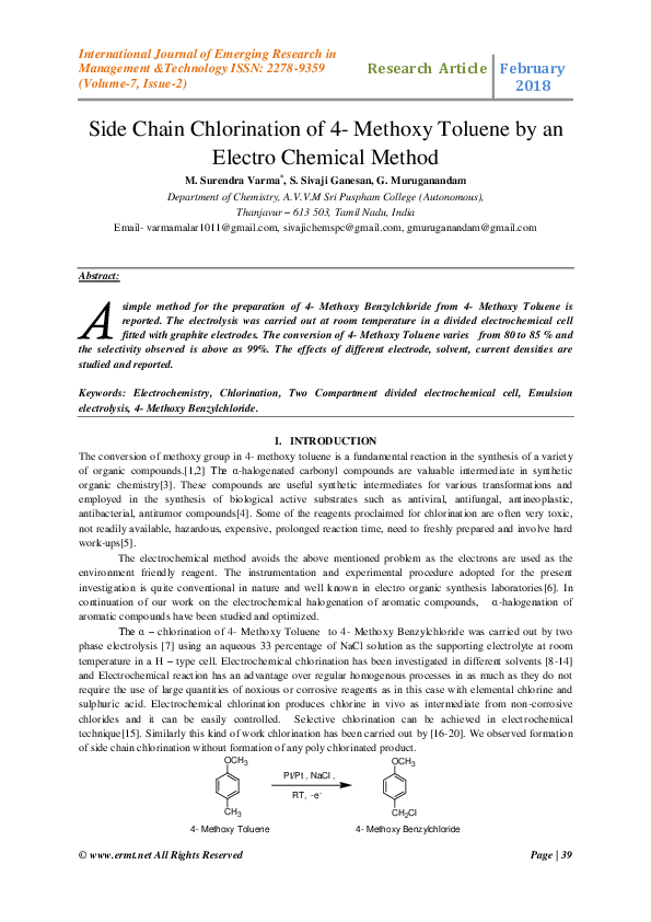 (PDF) Side Chain Chlorination of 4 Methoxy Toluene by an Electro