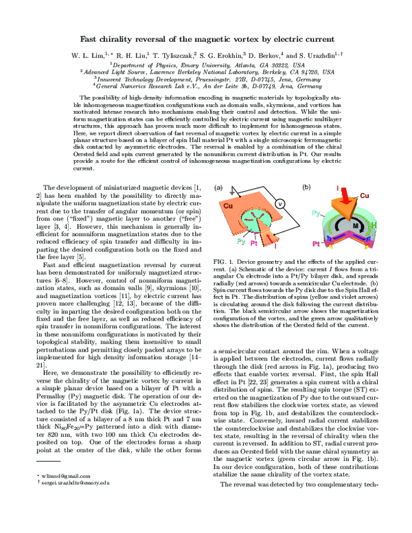 (PDF) Fast chirality reversal of the magnetic vortex by electric current