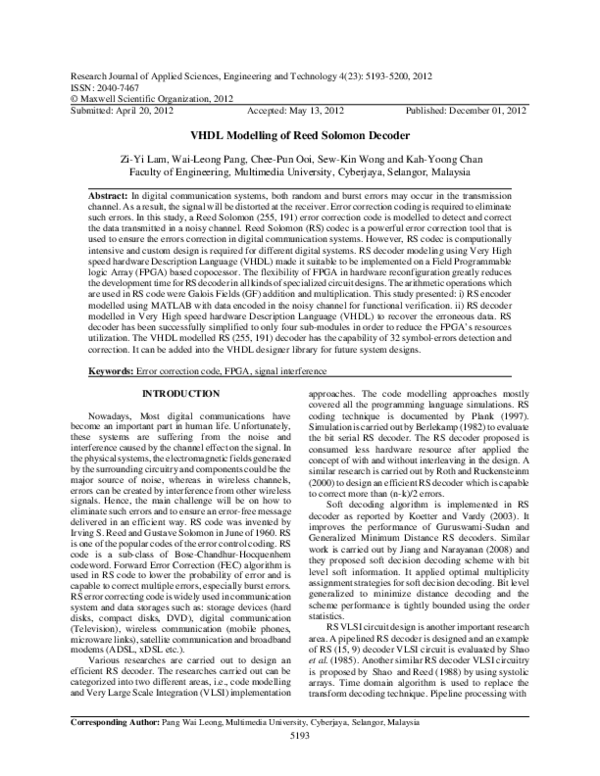 (PDF) VHDL Modelling of Reed Solomon Decoder
