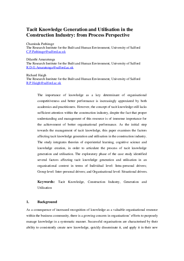 (PDF) Tacit Knowledge Generation and Utilisation in the Construction ...