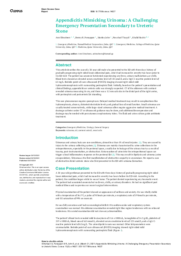 (PDF) Appendicitis Mimicking Urinoma: A Challenging Emergency ...