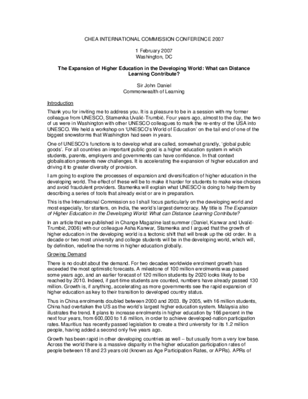 (PDF) The expansion of higher education in the developing world: What ...