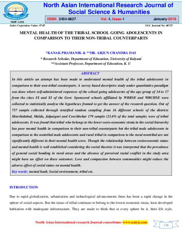 (PDF) Mental Health of the Tribal School Going Adolescents in ...