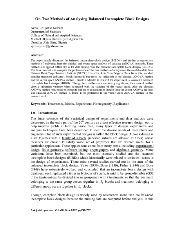 (PDF) On Two Methods of Analysing Balanced Incomplete Block Designs