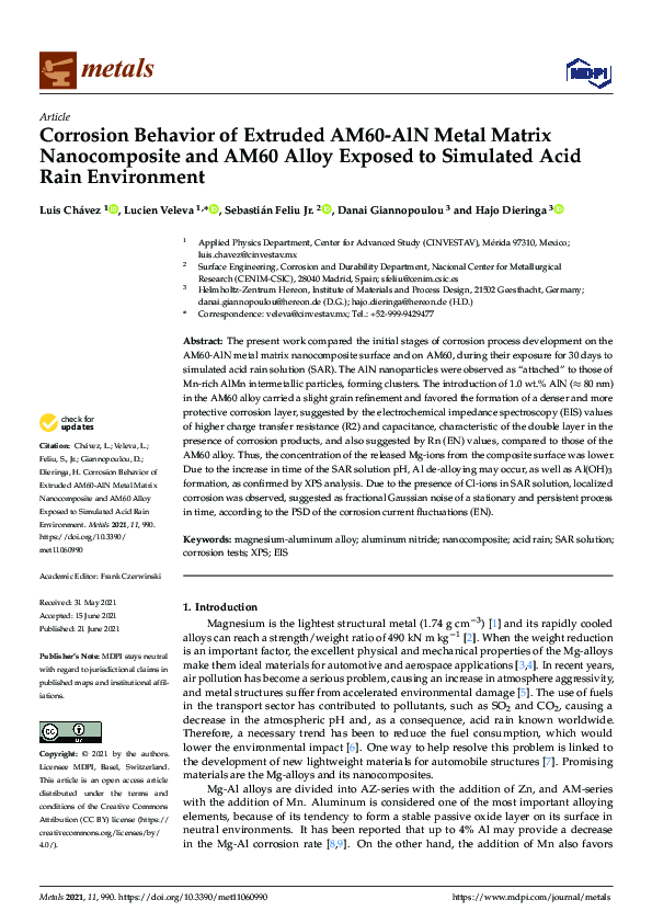 (PDF) Corrosion Behavior of Extruded AM60-AlN Metal Matrix ...