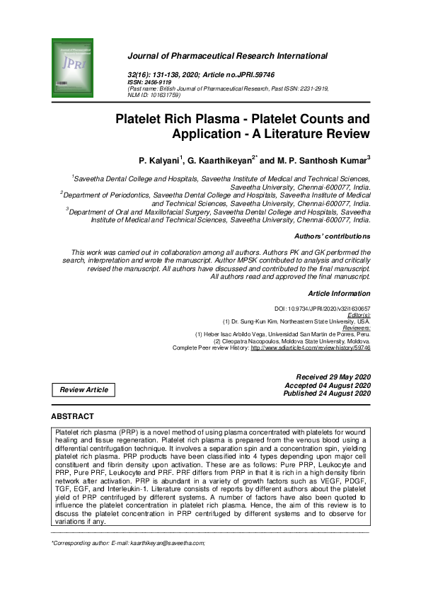 (PDF) Platelet Rich Plasma - Platelet Counts and Application - A ...