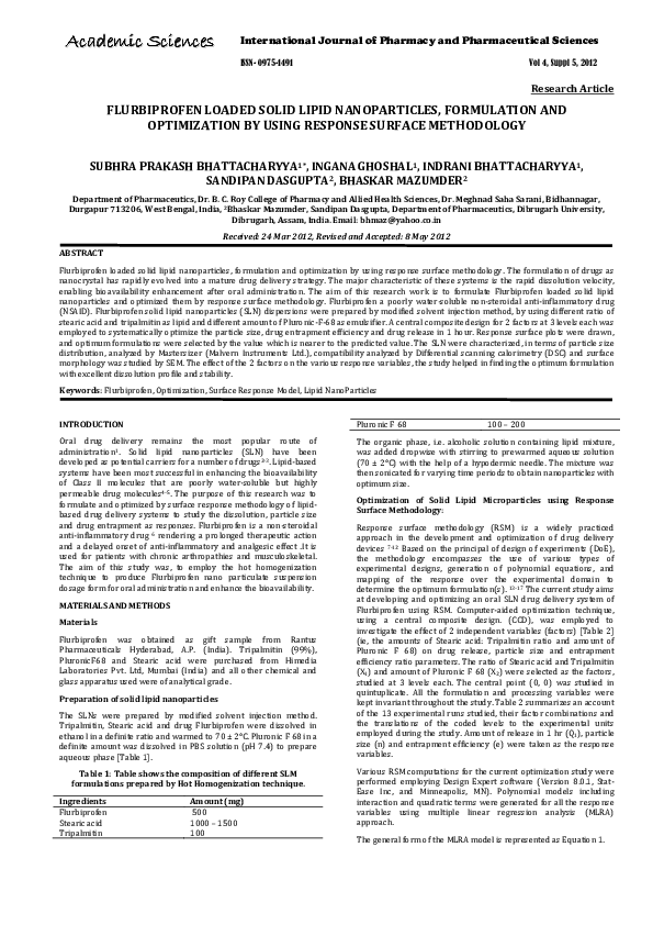 (PDF) Flurbiprofen Loaded Solid Lipid Nanoparticles, Formulation and ...