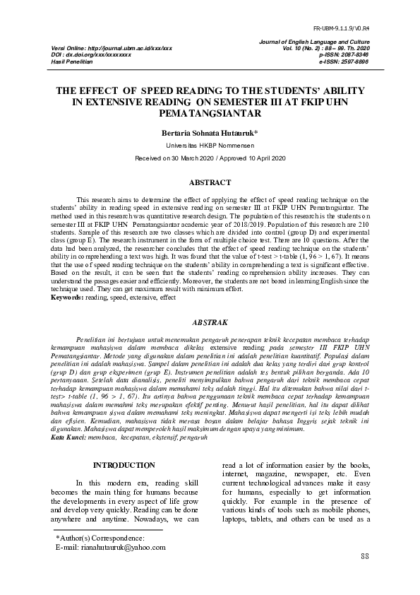 (PDF) The Effect of Speed Reading to the Students’ Ability in Extensive ...