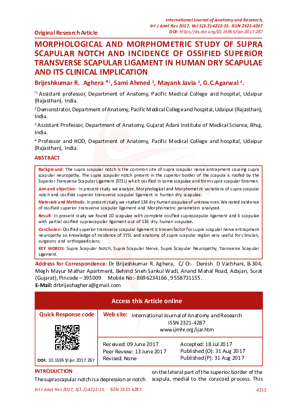 (PDF) Morphological and Morphometric Study of Supra Scapular Notch and ...