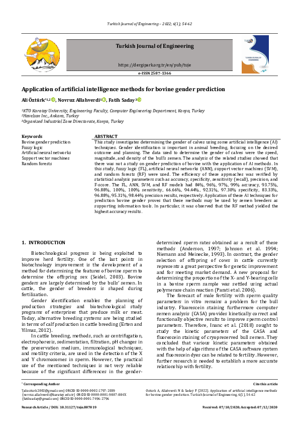 (PDF) Application of artificial intelligence methods for bovine gender ...